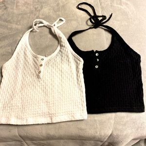 black and white adjustable neck halter tops